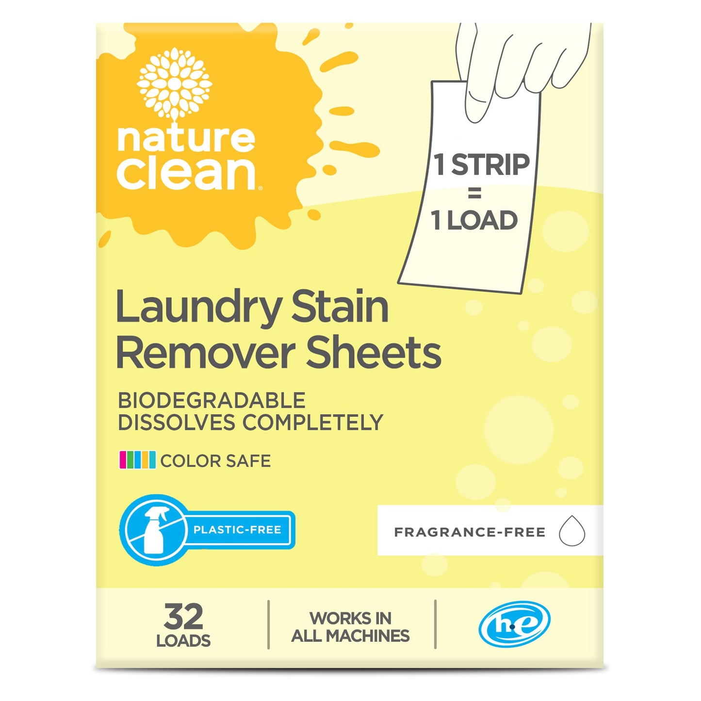 Nature Clean Natural Stain Remover for Clothes Laundry Strips Unscented 32 Count, Non-Toxic Advanced Stain Remover Treater Laundry Sheets