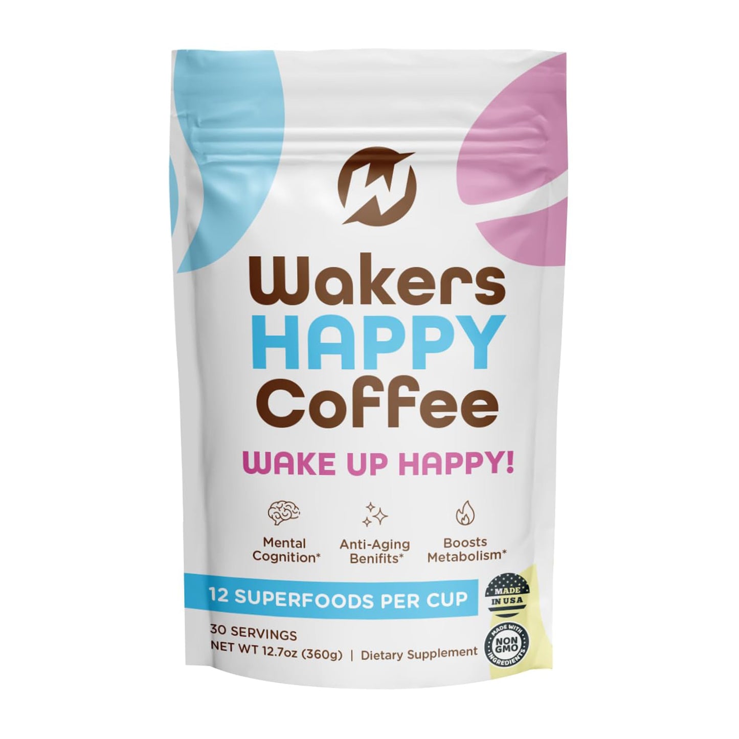Wakers HAPPY Coffee supports energy, focus, anti-aging, and metabolism. Made in the USA with natural ingredients and Keto-friendly. Reminding you