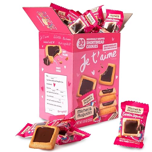 Michel et Augustin Chocolate Cookie Squares, Valentine’s Chocolate Gift Box, Dark Chocolate & Sea Salt French Shortbread Cookies, Valentine’s Candy