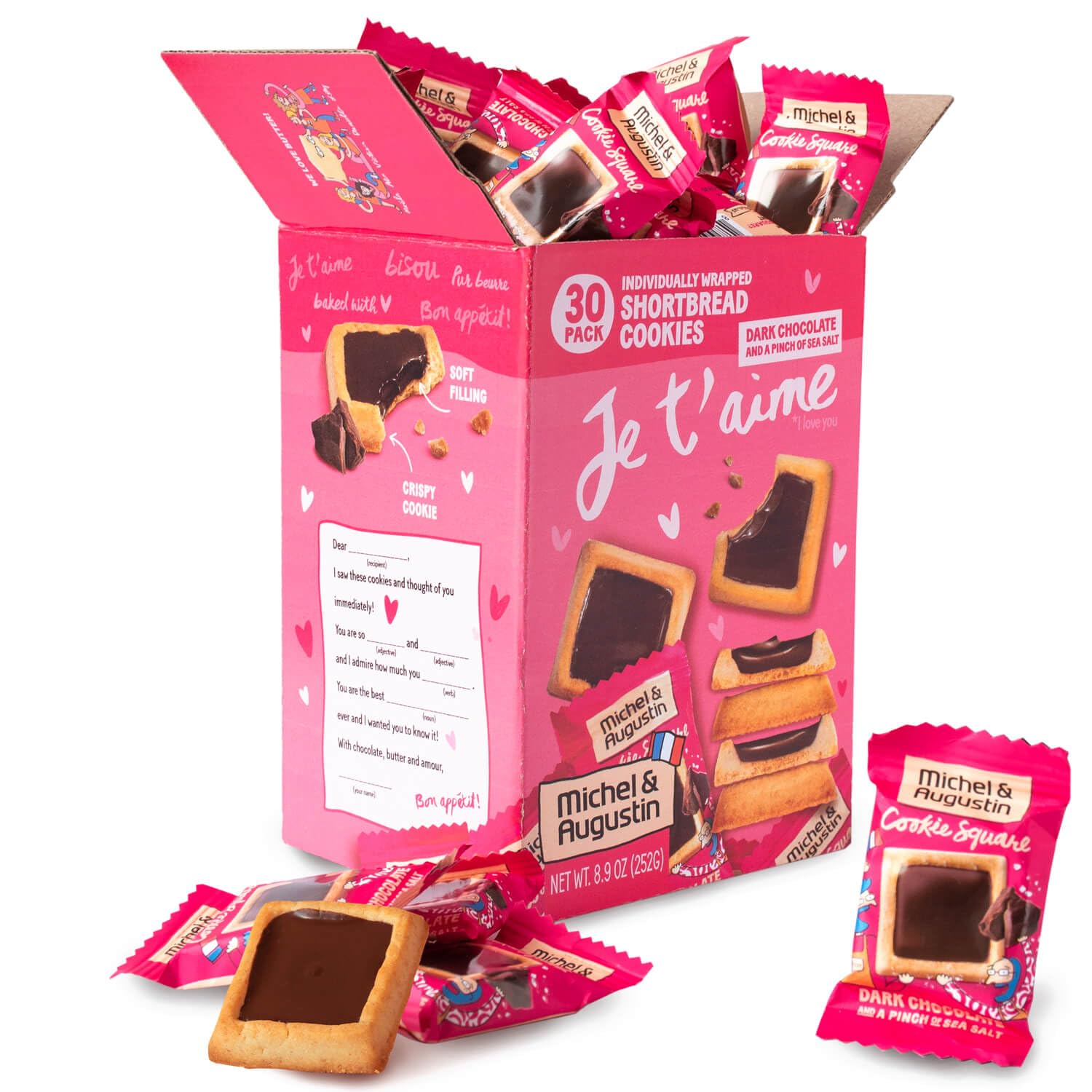 Michel et Augustin Chocolate Cookie Squares, Valentine’s Chocolate Gift Box, Dark Chocolate & Sea Salt French Shortbread Cookies, Valentine’s Candy