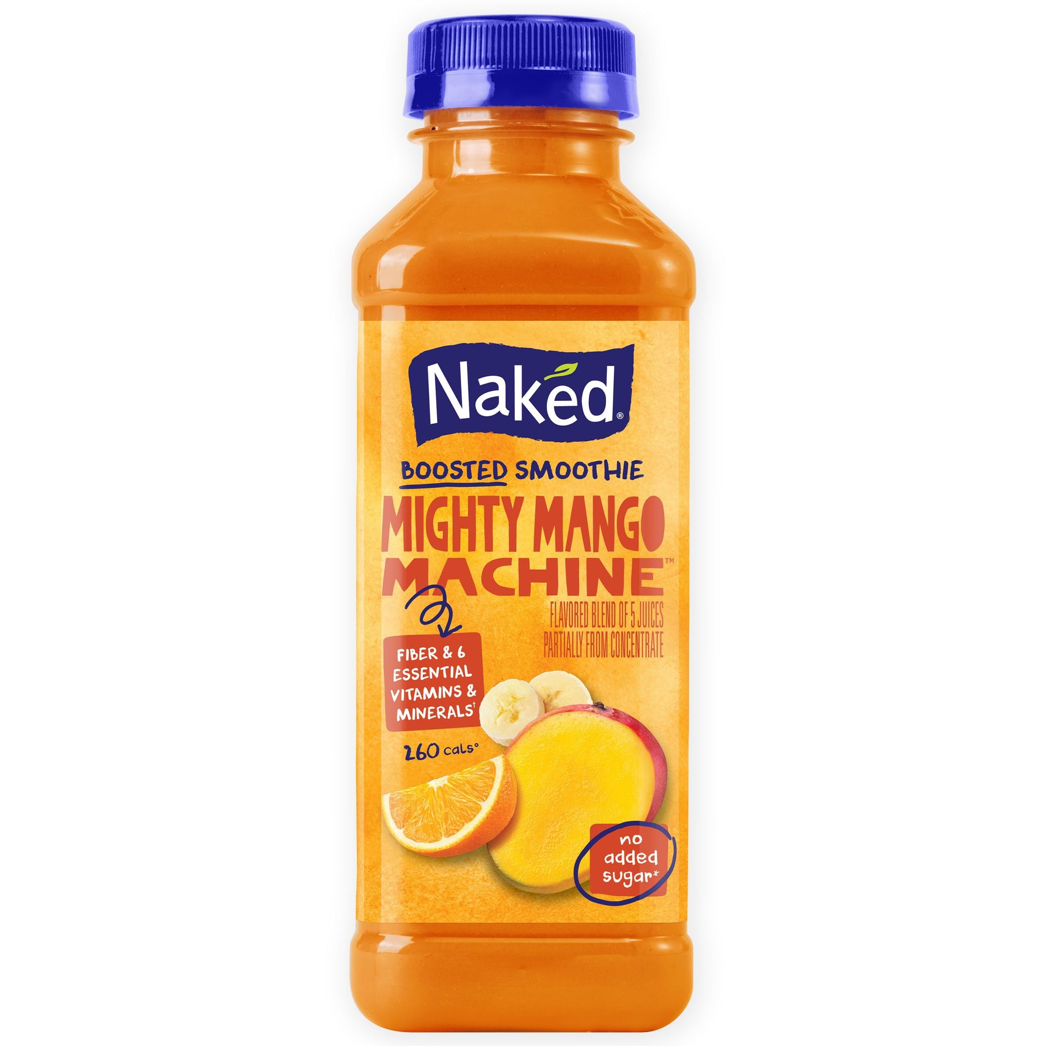 Naked Boosted Smoothie Mighty Mango Machine, 15.2 fl oz Bottle - Real Fruit Juice Smoothie with Fiber, Excellent Source of Vitamin C and Vitamin E
