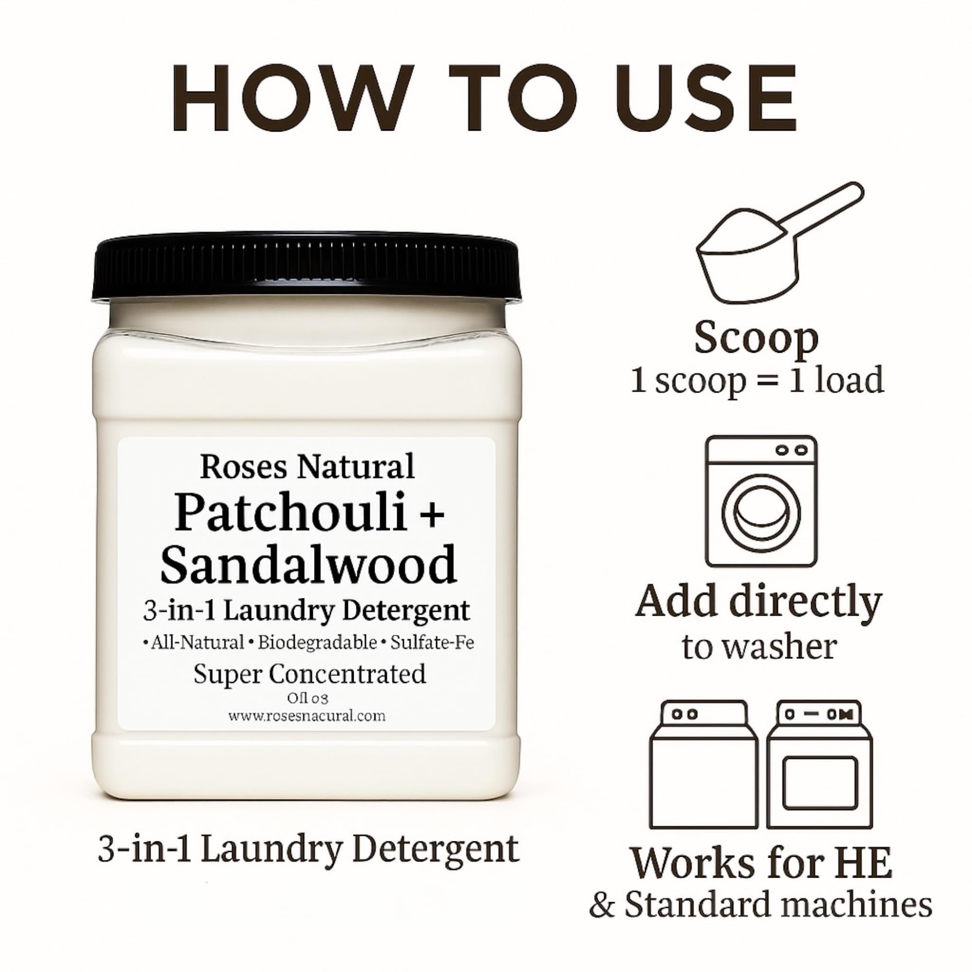 Roses Natural Patchouli + Sandalwood 3-in-1 Laundry Detergent Powder, 32 oz - Cleans, Softens & Removes Stains - Super Concentrated, All-Natural