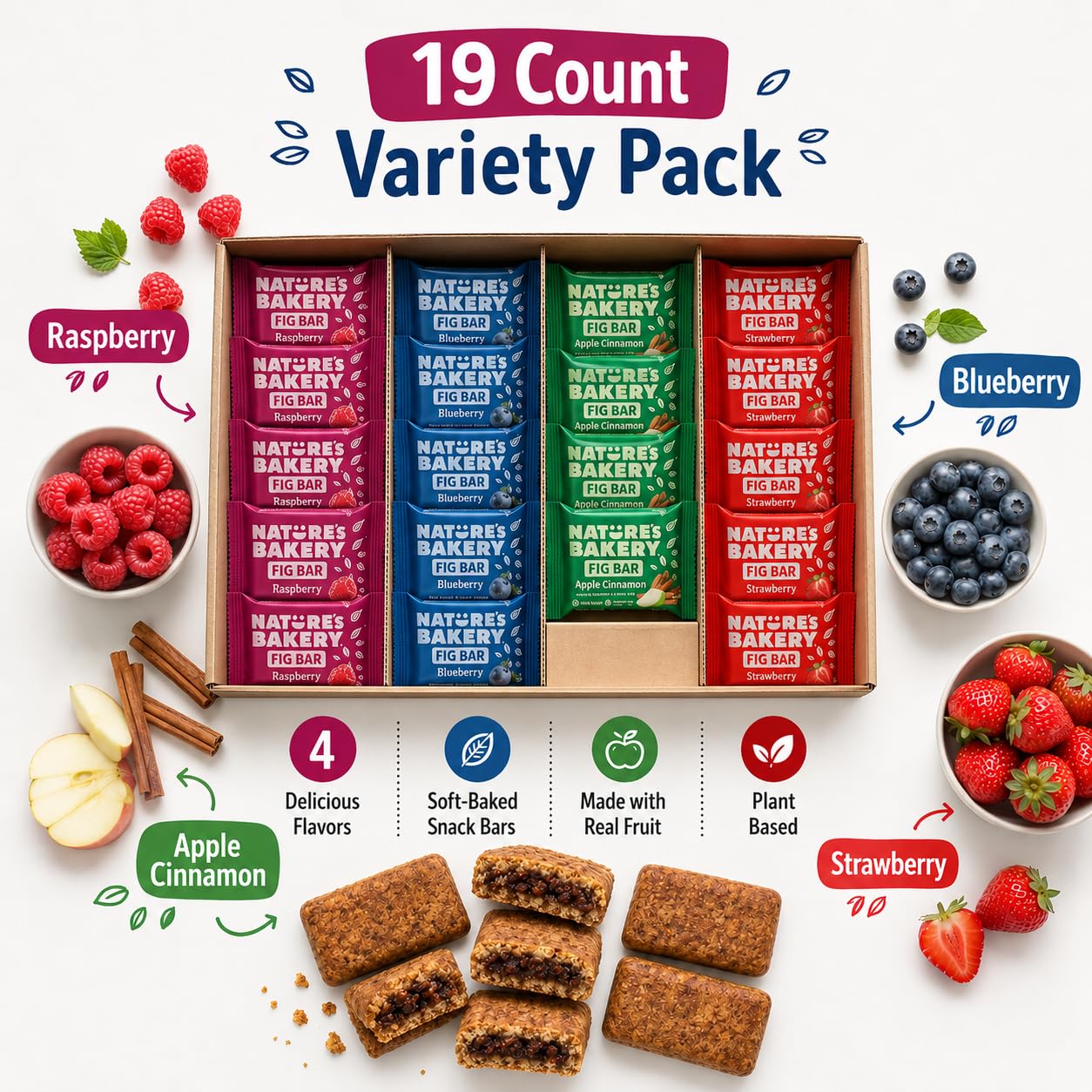 Nature’s Bakery Fig Bars Variety Pack, 19 Count - Apple Cinnamon, Original Fig, Blueberry & Raspberry - Soft-Baked Snack Bars for On-the-Go