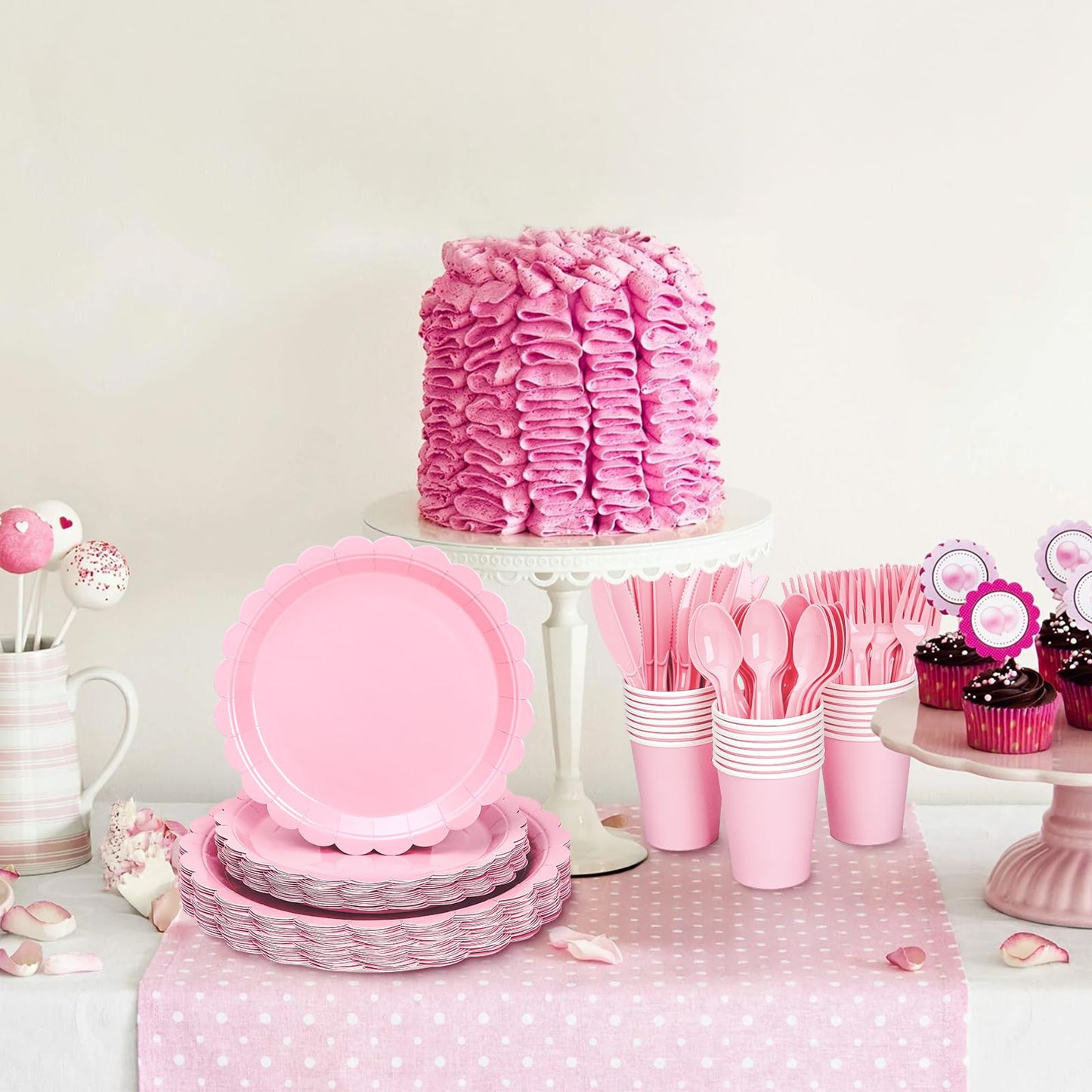 168 Pcs Pink Paper Plates and Napkins, Light Pink Party Supplies Include Scalloped Plate Napkins Cups Forks Knives Disposable Plastic Cutlery