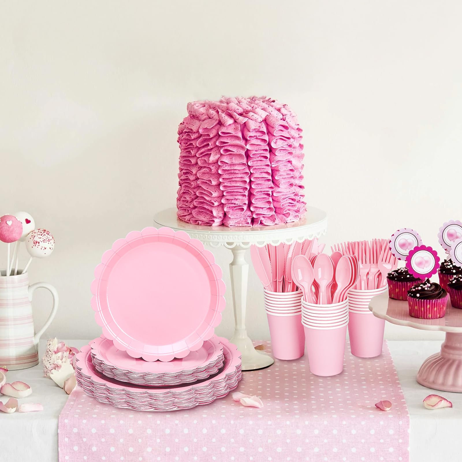 168 Pcs Pink Paper Plates and Napkins, Light Pink Party Supplies Include Scalloped Plate Napkins Cups Forks Knives Disposable Plastic Cutlery