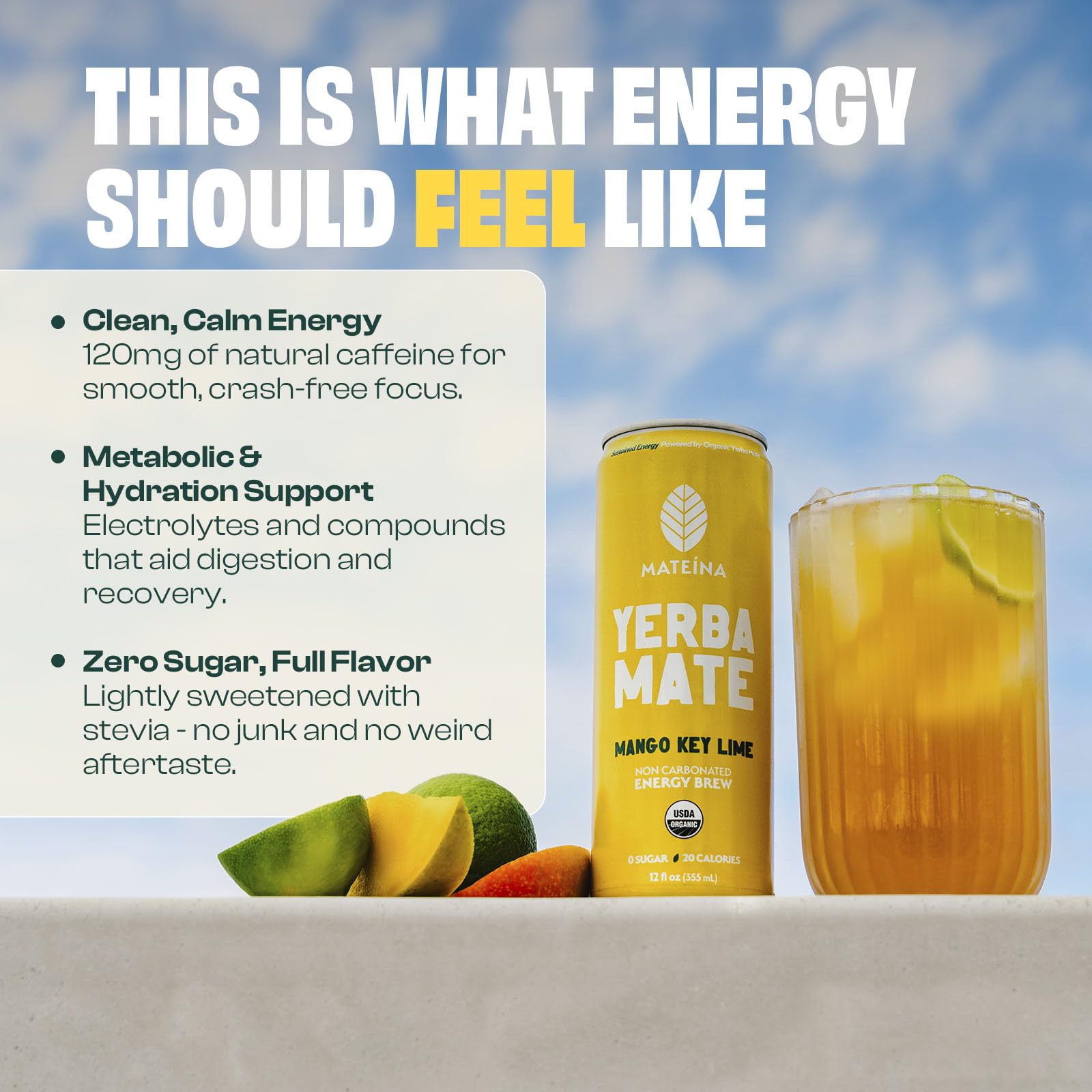 Mateina Organic Mango Key Lime Yerba Mate, 12 Fl Oz