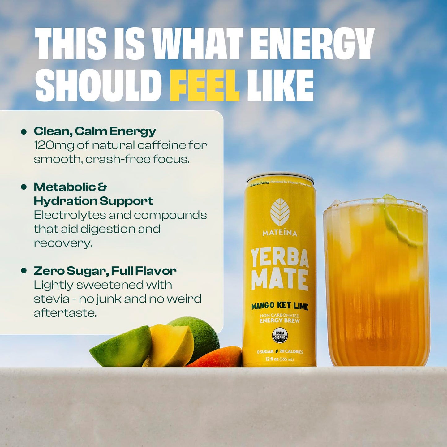 Mateina Yerba Mate Zero Sugar Energy Drink - 120mg Natural Caffeine - Organic, Non-GMO, Non-Carbonated - Dr. Andrew Huberman Recommended - (12 fl oz