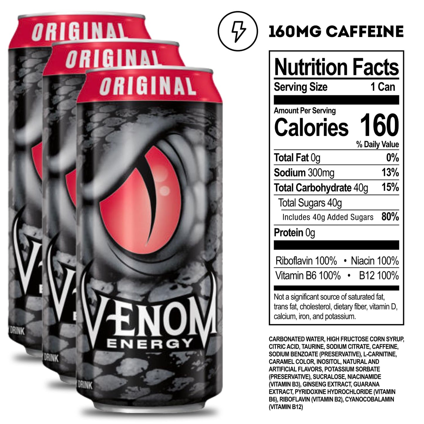 Venom Energy Drink, Original, 0 Fat, 160mg Caffeine, 16 Fl Oz (Pack of 12) By LastFuel.