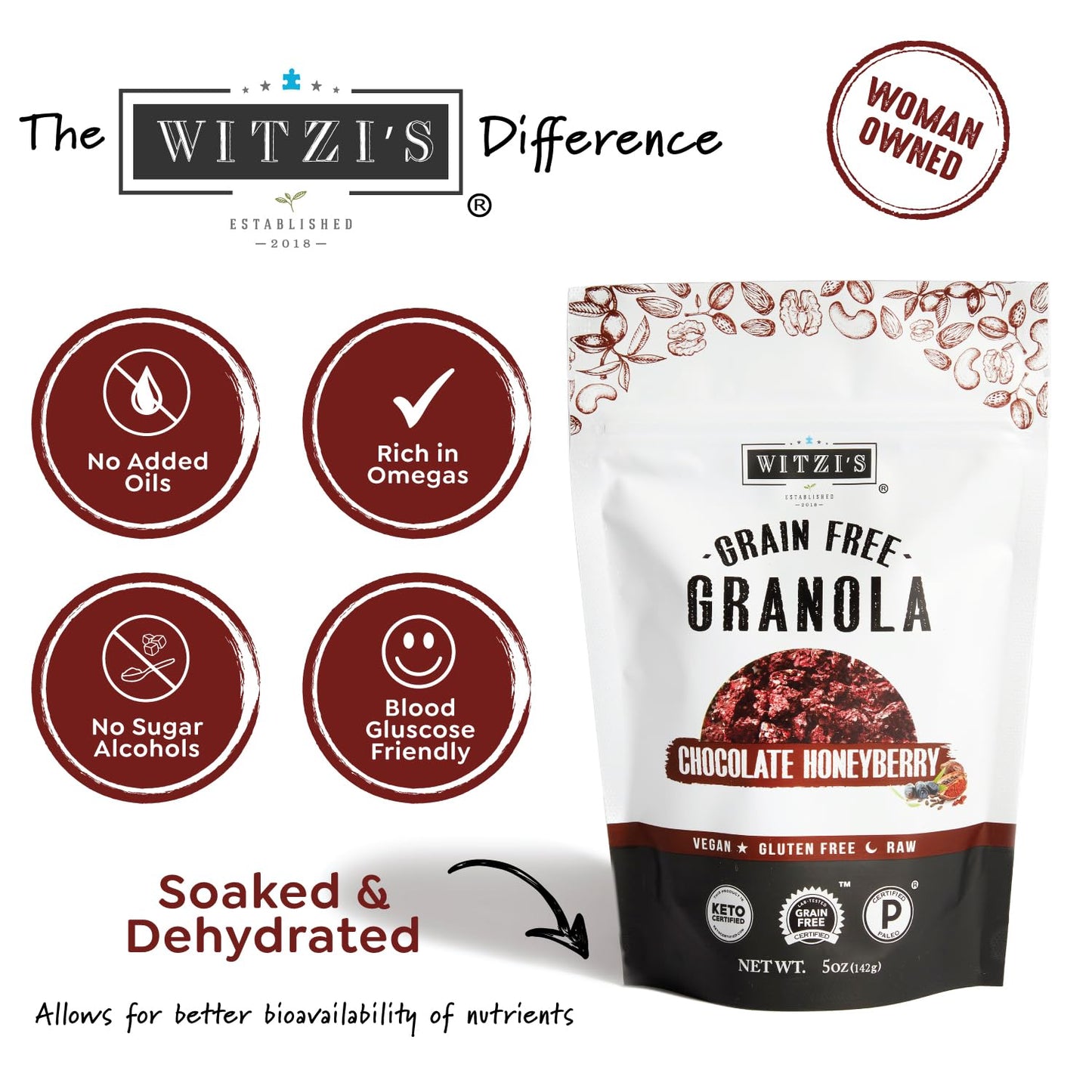 Witzi's Grain Free Granola, Chocolate Honeyberry, 5oz (Pack of 3), Made with Almonds, Walnuts & Cacao, Vegan, Keto, Gluten Free, Healthy Snack