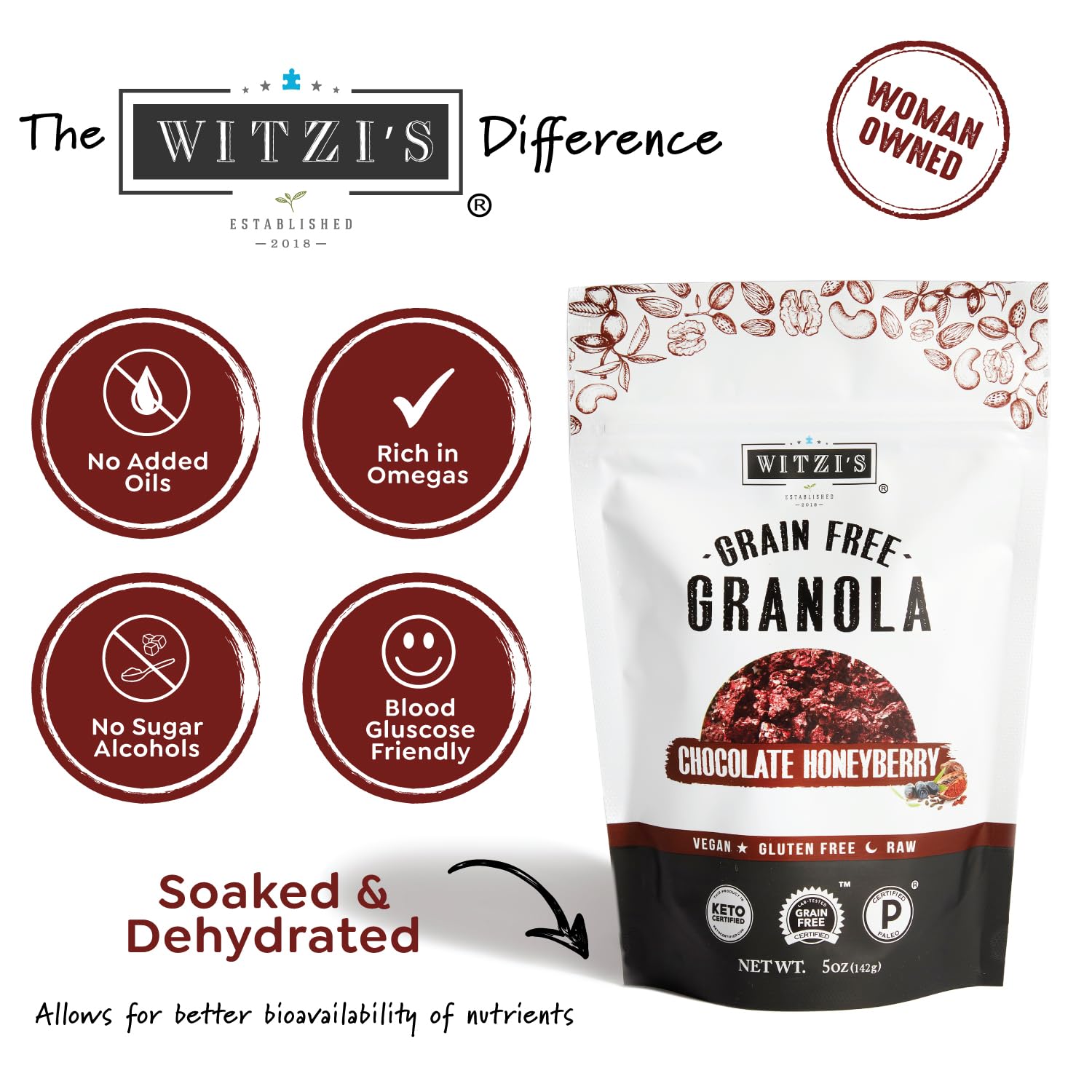 Witzi's Grain Free Granola, Chocolate Honeyberry, 5oz (Pack of 3), Made with Almonds, Walnuts & Cacao, Vegan, Keto, Gluten Free, Healthy Snack
