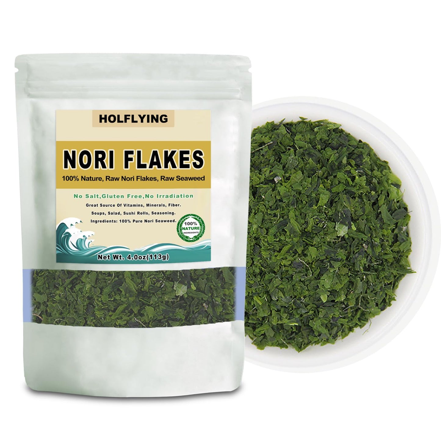 Premium Natural Dried Nori Flakes - 100% Pure Raw Seaweed, Unsalted, Rich in Iodine & Minerals, 4.0 oz (113g) for Soup, Salad & Sushi Topping