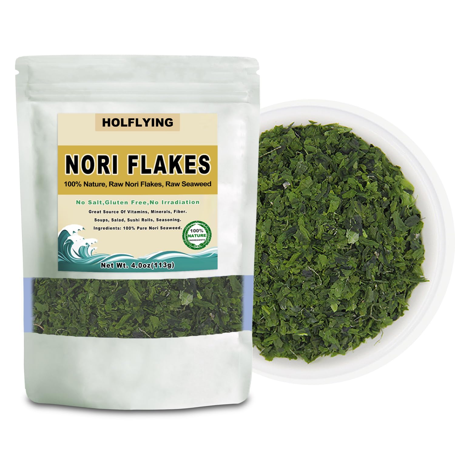 Premium Natural Dried Nori Flakes - 100% Pure Raw Seaweed, Unsalted, Rich in Iodine & Minerals, 4.0 oz (113g) for Soup, Salad & Sushi Topping