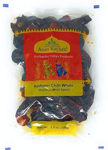 Asian Kitchen Kashmiri Chilli Whole, Low Heat Indian Chilli 3.5oz (100g) ~ All Natural | Vegan | Gluten Friendly | NON-GMO | Indian Origin