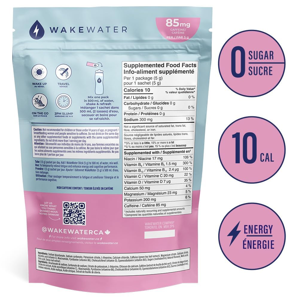 WakeWater Plus Energy Powder | Raspberry Lemonade, 10 x 5g sticks | Vitamins and Electrolytes | Natural Green Tea Caffeine | No Sugar or Artificial