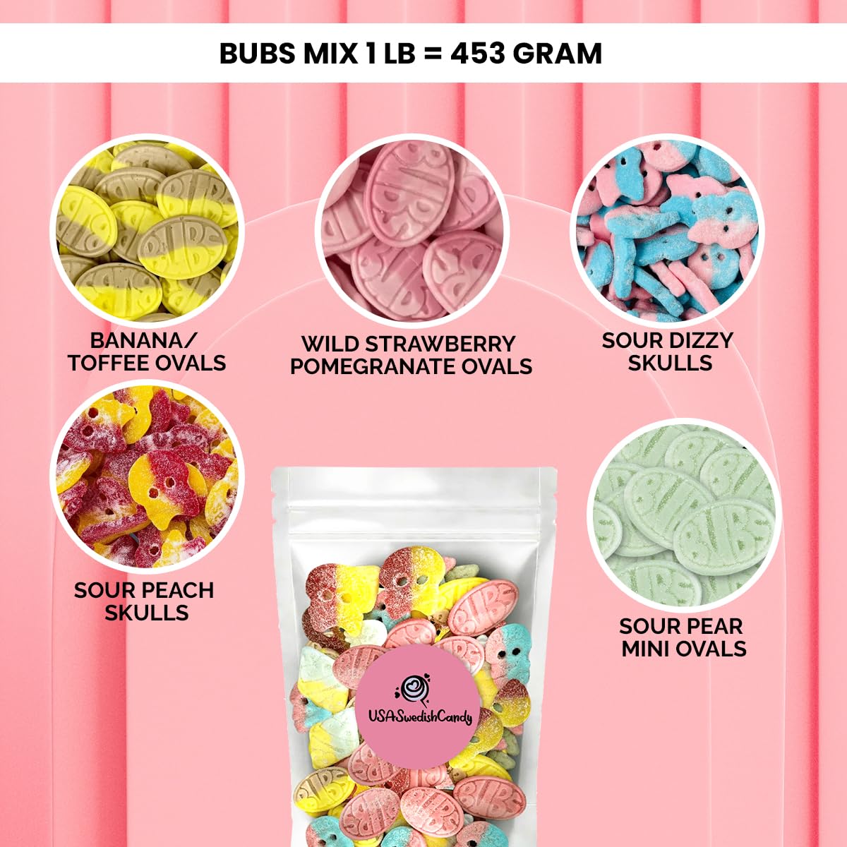 Swedish Candy Mix (1/2 Pound) - Ovals, Skulls, and Tutti Frutti, Sweet and Sour Swedish Gummies - Best Vegan Candy - Bubs Godis From Sweden