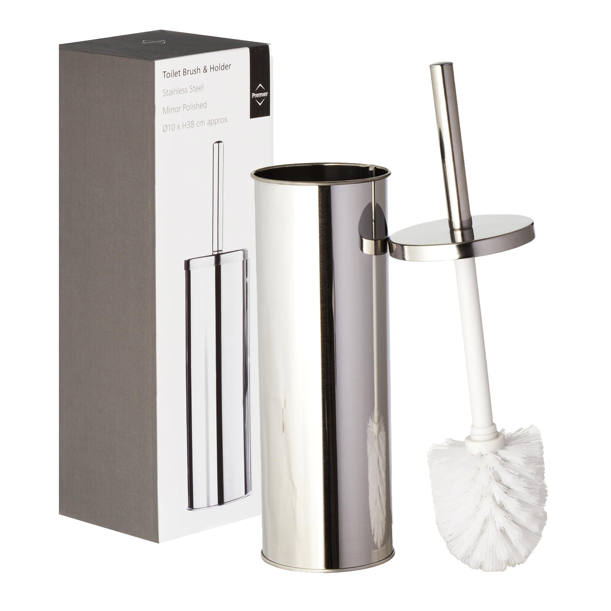 Premier Housewares Toilet Brush & Holder | Chrome Metal Toilet Brush Set | Attached Lid Toilet Cleaner Brush | Free Standing Loo Reflective Brush