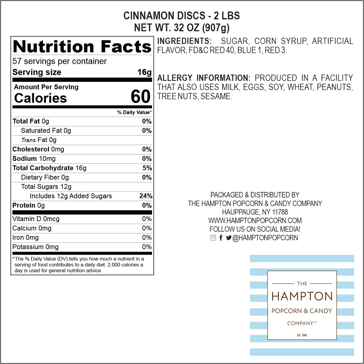 Cinnamon Discs Hard Candy - 2lb Bulk Bag (Approx. 150 pieces) - Cinnamon Candy - Individually Wrapped Old Fashioned Red Candies - The Hampton Popcorn
