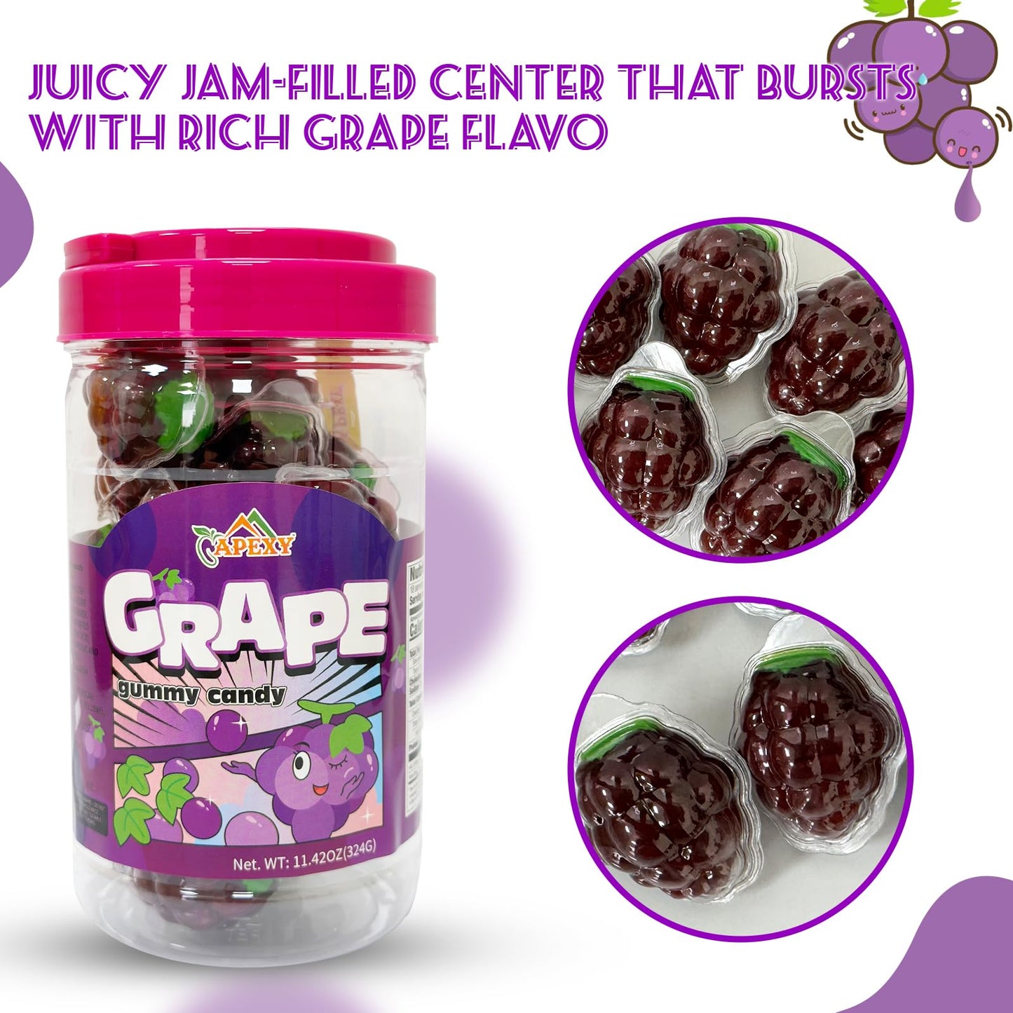 Apexy Grape Gummy Gummies - with Fruity Liquid Center Gummy Candy for Halloween, Birthday, Trick Or Treat, Party Candy - Jelly Filled Gummies, Fat