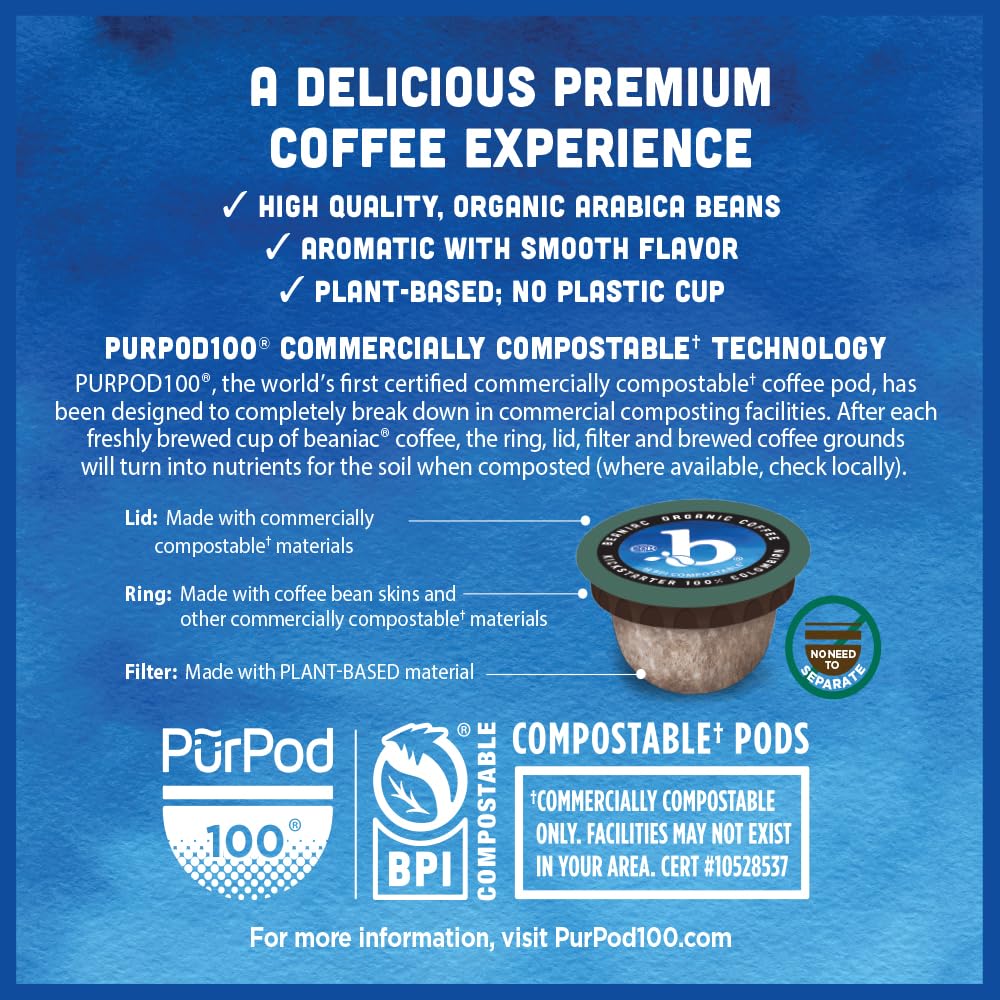 beaniac Organic Kickstarter Colombian, Medium Light Roast, Single Serve Compostable K Cup Coffee Pods, Organic Arabica Coffee, Keurig Brewer