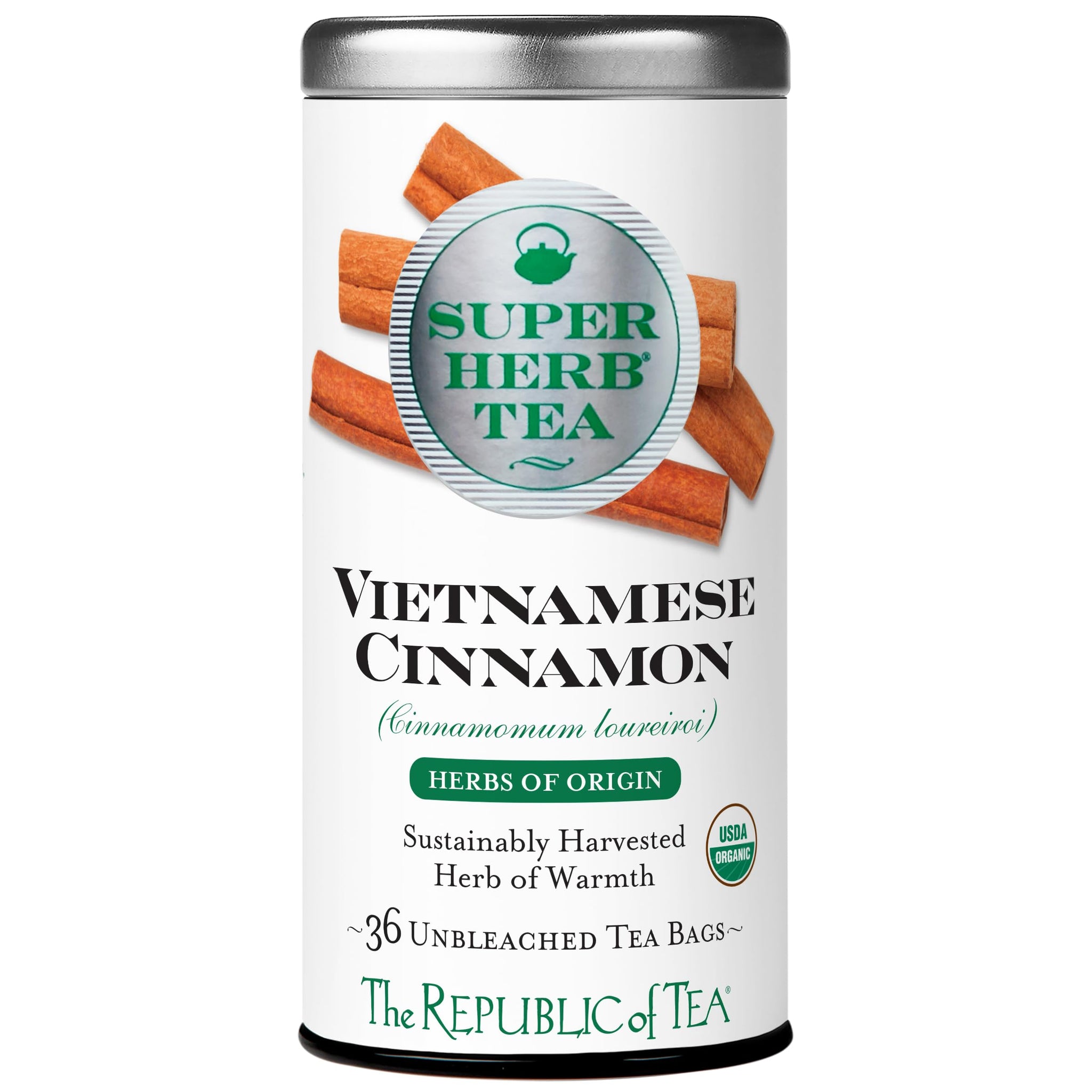 The Republic of Tea - Organic Vietnamese Cinnamon SuperHerb Tea Tin, 36 Herbal Tea Bags, Naturally Caffeine-Free Herbs of Origin