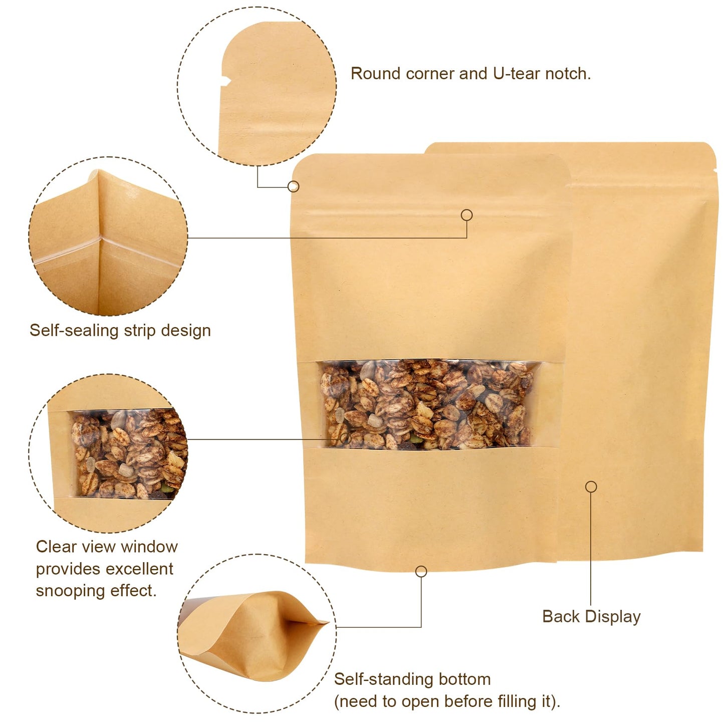 Blisstime 50 Pack Kraft Paper Stand Up Pouch Bags, Resealable Bag with Transparent Window and Tear Notch for Multipurpose Storage (4.7 X 7.9 Inches)