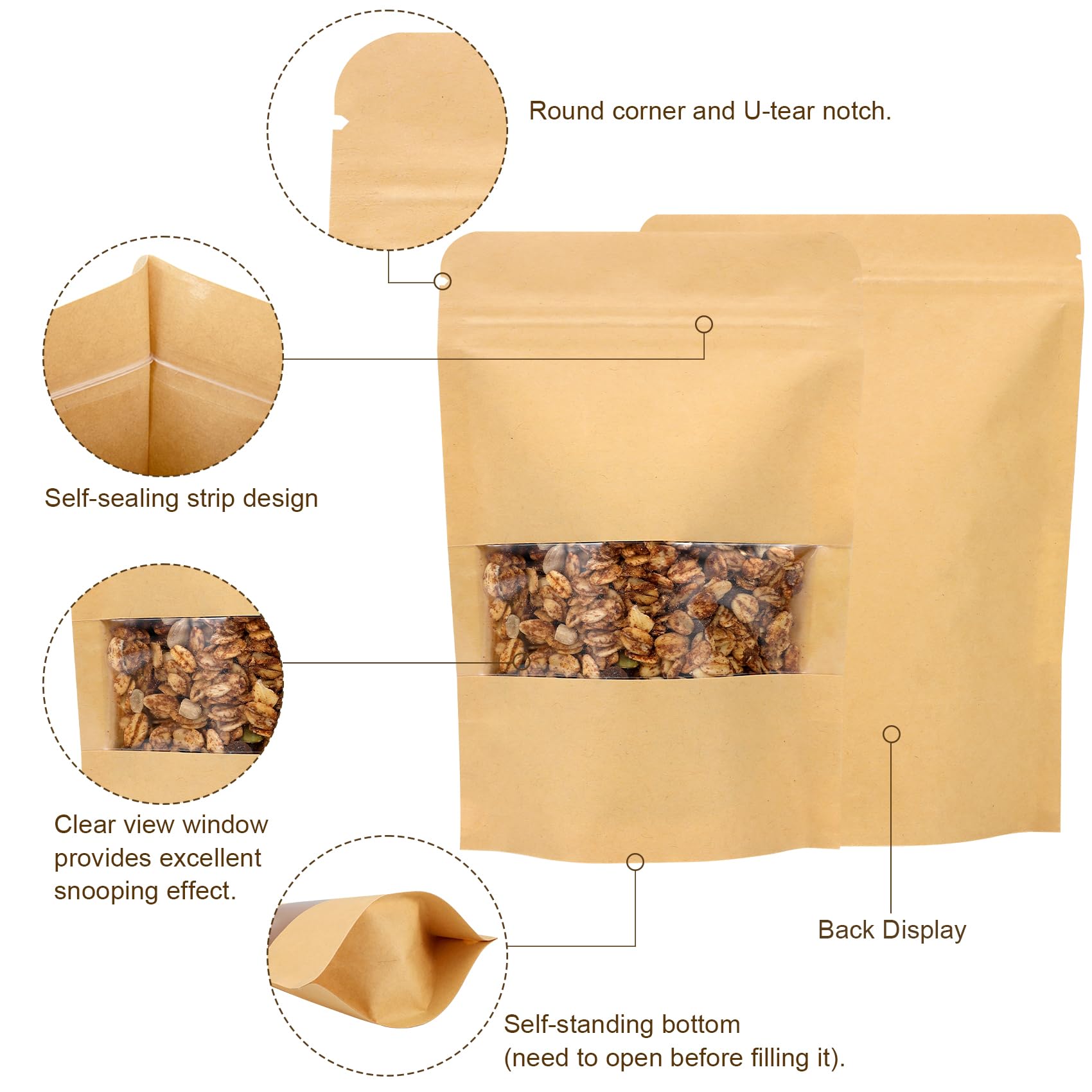 Blisstime 50 Pack Kraft Paper Stand Up Pouch Bags, Resealable Bag with Transparent Window and Tear Notch for Multipurpose Storage (4.7 X 7.9 Inches)