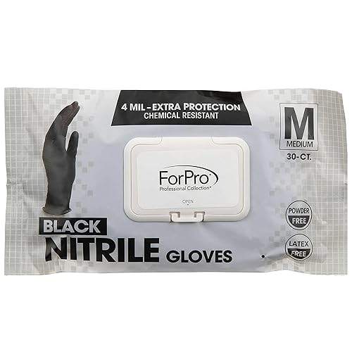 ForPro Professional Collection Disposable Nitrile Gloves, Chemical Resistant, Powder-Free, Latex-Free, Non-Sterile, Food Safe, 4 Mil, Black, Medium