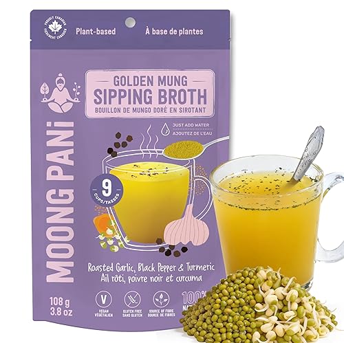 Moong Pani Whole Mung Sipping Broth Powder Roasted Garlic Black Pepper Turmeric | Plant Protein Vegan Bone Broth Alternative | High Fibre Gluten Free