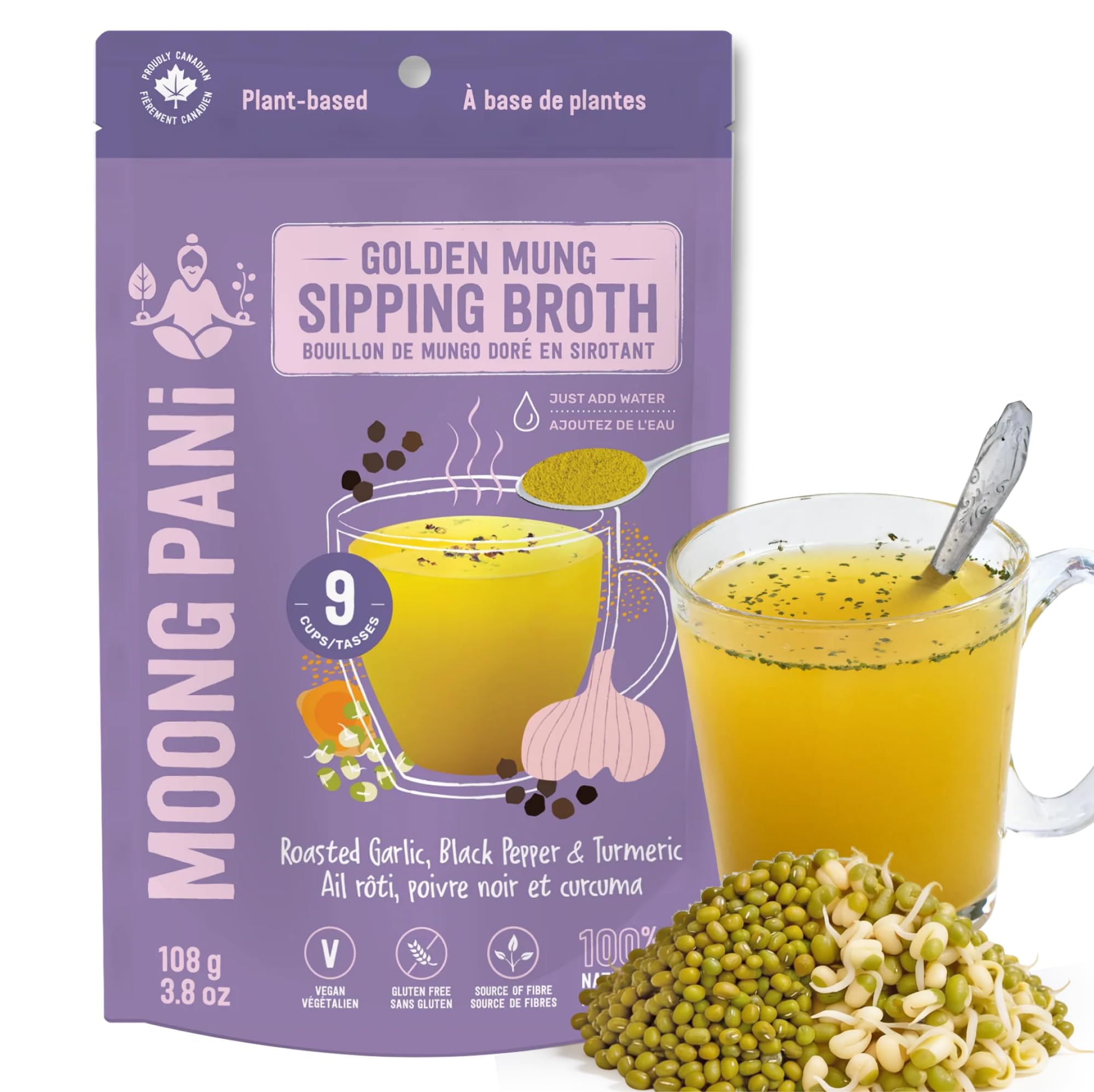 Moong Pani Whole Mung Sipping Broth Powder Roasted Garlic Black Pepper Turmeric | Plant Protein Vegan Bone Broth Alternative | High Fibre Gluten Free