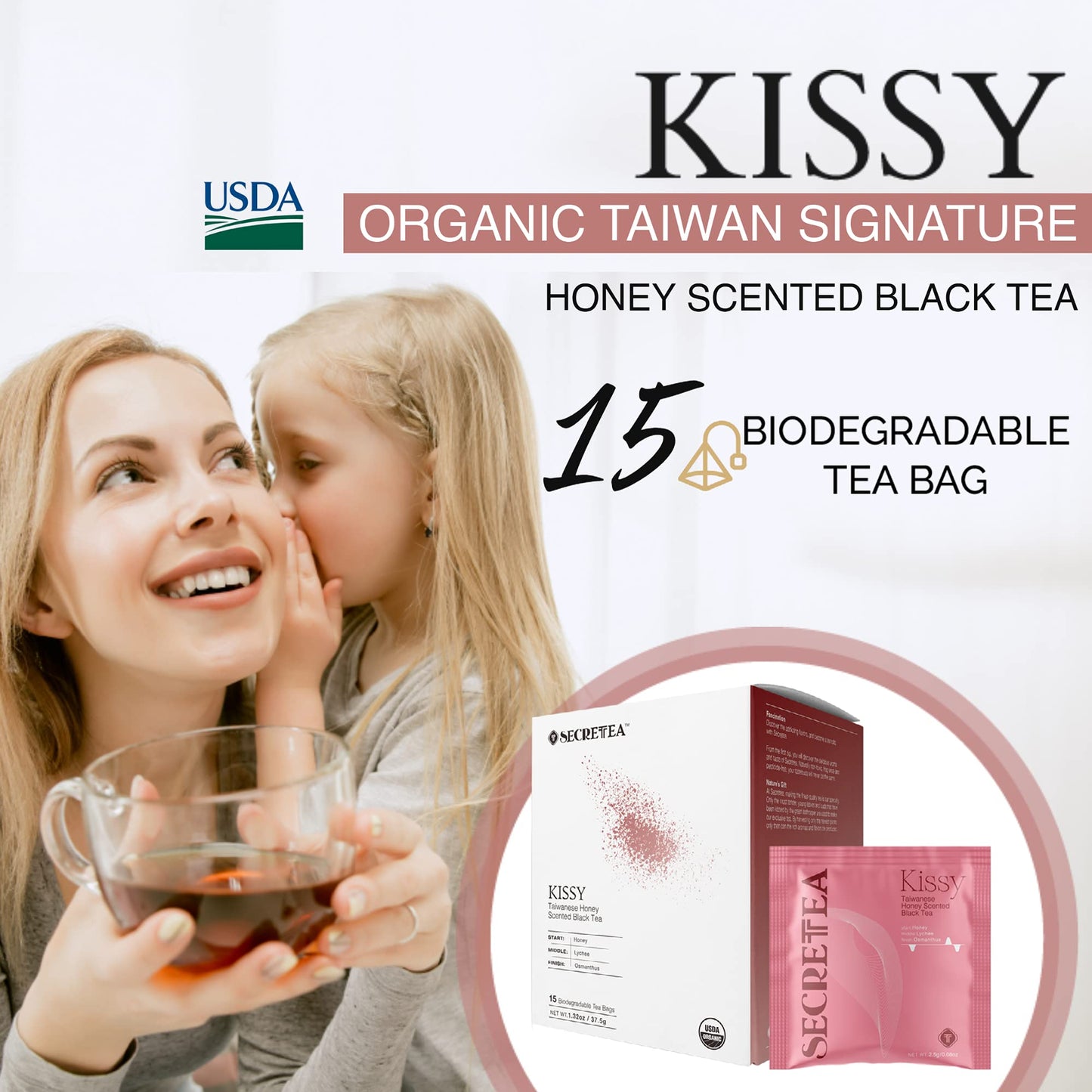 SECRETEA, KISSY, Organic TAIWAN Signature Honey Scented Black Tea | Good for Cold brew Tea | Natural Antioxidants |15 Sachet Tea Bags