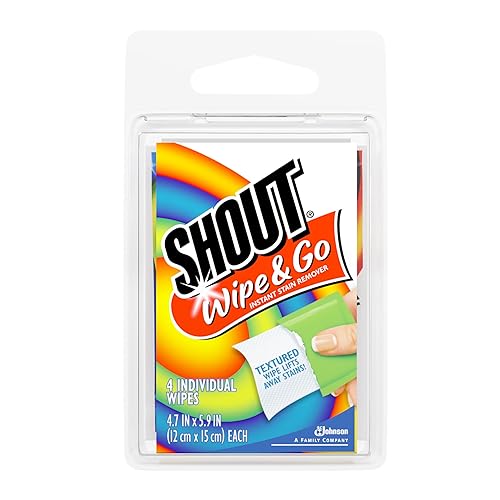 Shout Wipes, Wipe and Go Instant Stain Remover, Laundry Stain and Spot Remover for On-the-Go, 4 Wipes (Pack of 1)