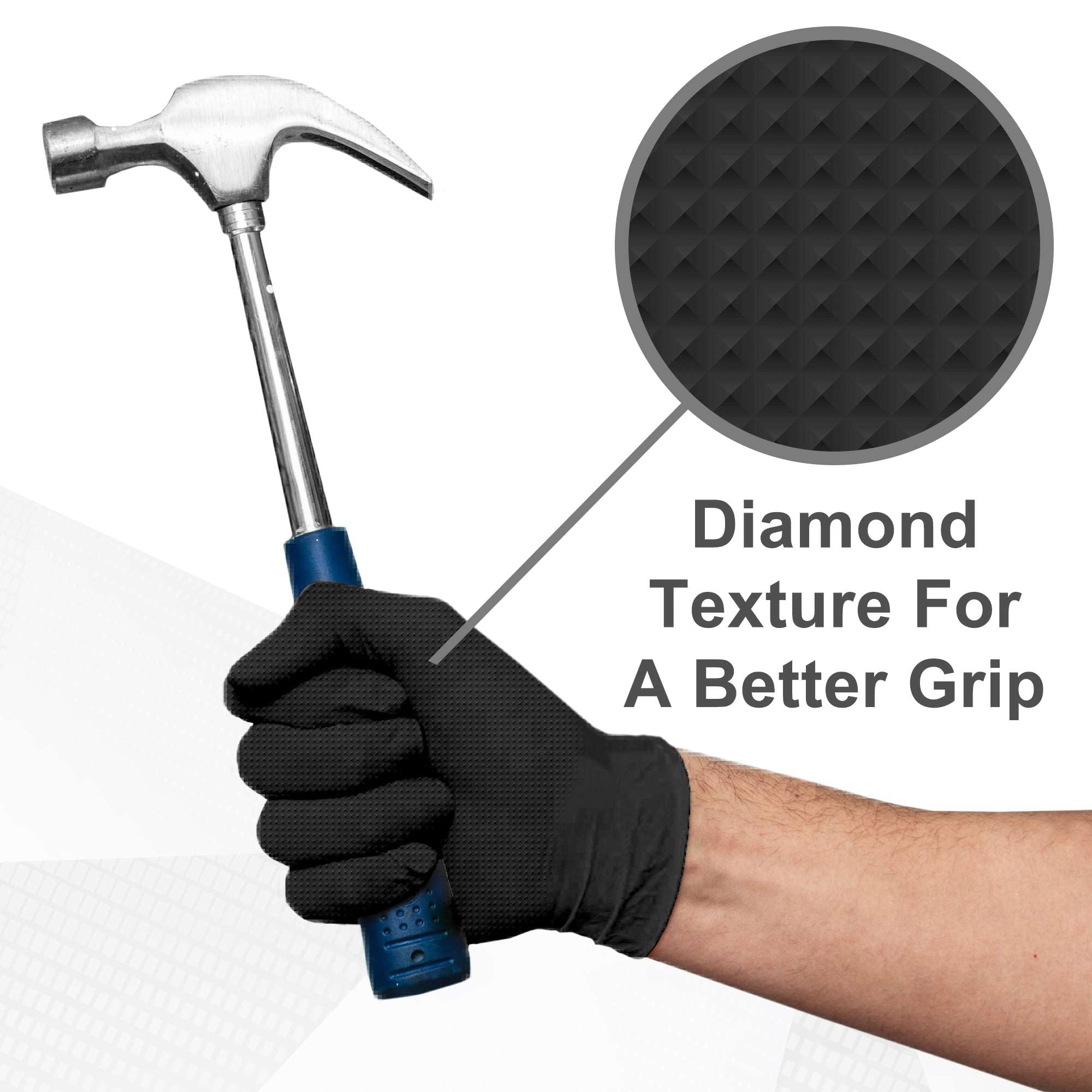 WECARE Black 8 Mil Nitrile Gloves X Large 50 Pack - Heavy Duty Mechanic Gloves, with Diamond Grip - Powder and Latex Free Disposable Gloves