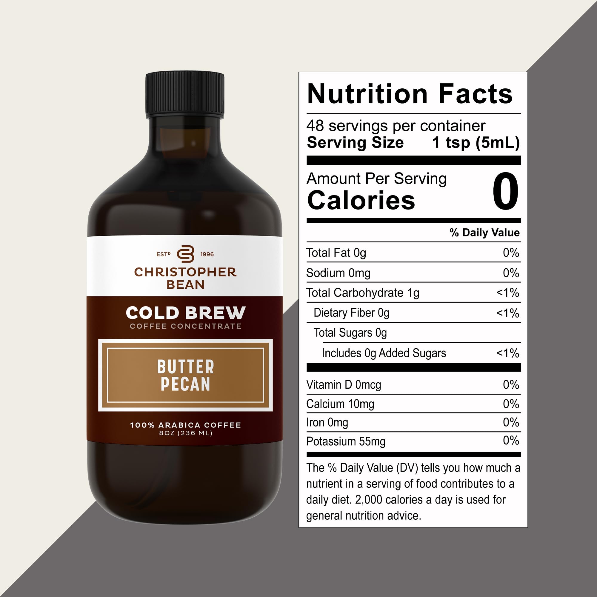 Christopher Bean Hand Crafted Butter Pecan Flavored Coffee - Certified Kosher - Unsweetened Cold Brew & Iced Instant Coffee Distillate Liquid Java