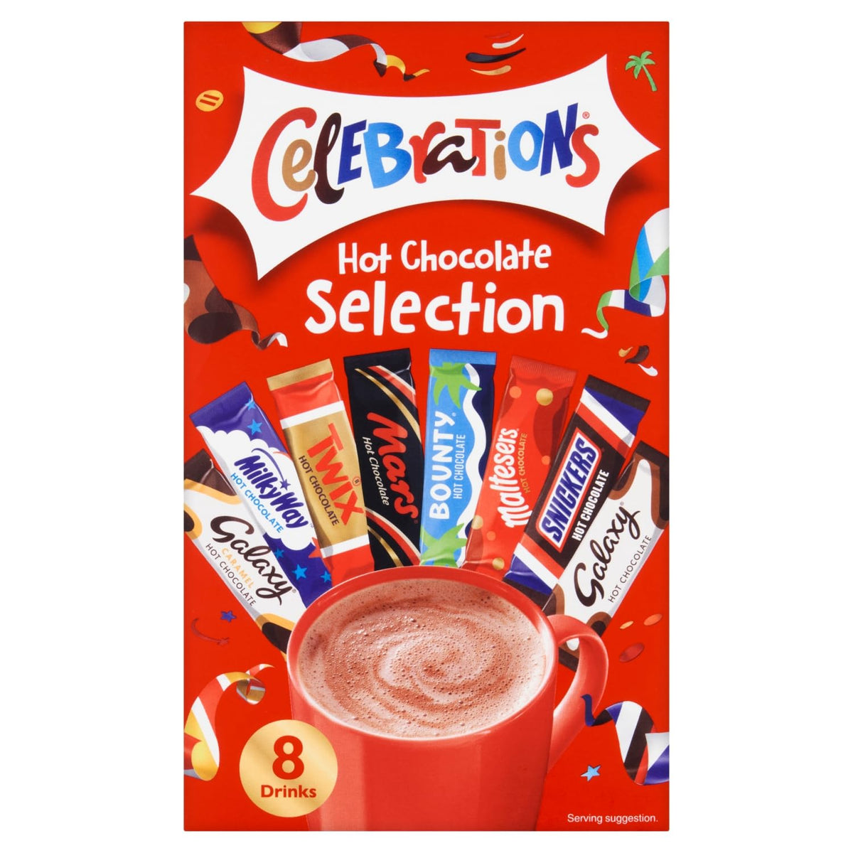CelEBraTioNs Hot Chocolate Selection 8 x 25g. Falvours inc. Galaxy Caramel, Galaxy, Snickers, Maltesers Mars, Twix, MilikyWay. Imported from