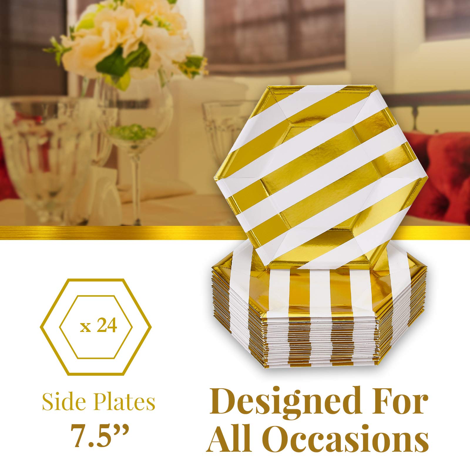 SILVER SPOONS DISPOSABLE SIDE PLATES | 24 pc | made of Heavyweight Paper Materials | Stripe - Gold | 7.5"