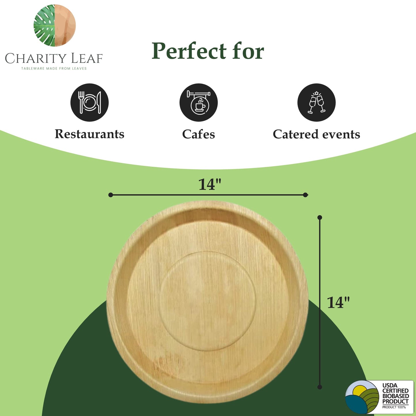 Charity Leaf Disposable Palm Leaf 14" Round Trays (10 pieces) Bamboo Like Serving Platters, Disposable Boards, Eco-Friendly Dinnerware For Weddings