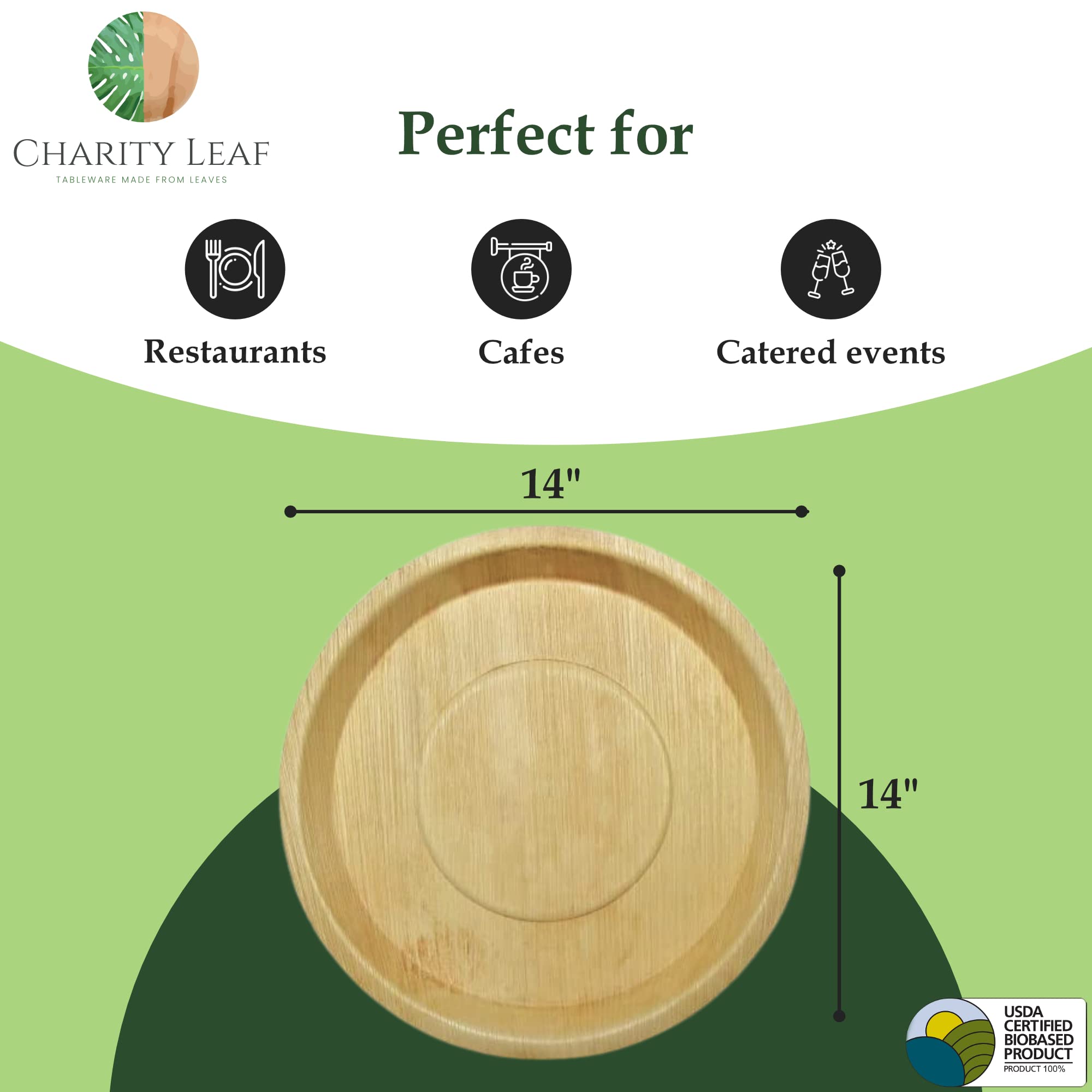 Charity Leaf Disposable Palm Leaf 14" Round Trays (10 pieces) Bamboo Like Serving Platters, Disposable Boards, Eco-Friendly Dinnerware For Weddings