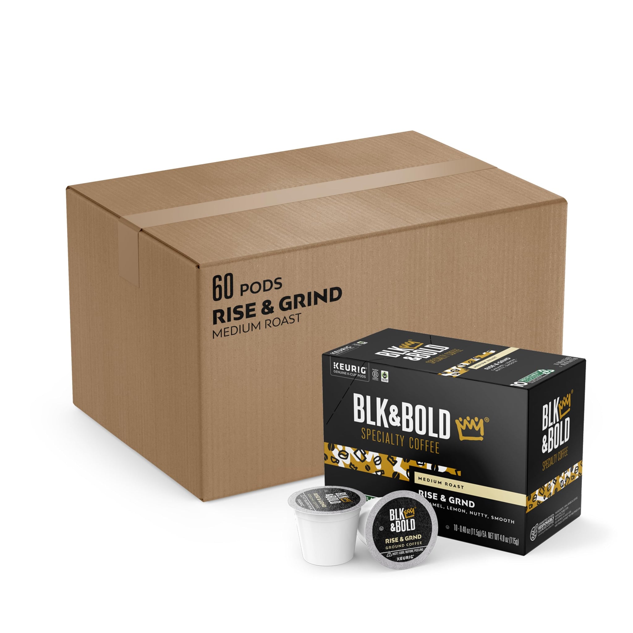 BLK & Bold Rise & GRND, Keurig Single Serve K-Cup Coffee Pods, Premium Medium Roast, 100% Arabica Beans, 60 Count (6 Packs of 10)