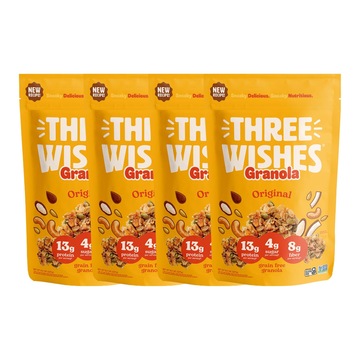 Three Wishes Granola, Original (4-Pack) - Gluten Free Granola, 13g Protein & 4g Sugar Healthy Breakfast & On-the-Go Snack - Vegan, Kosher & Grain-Free