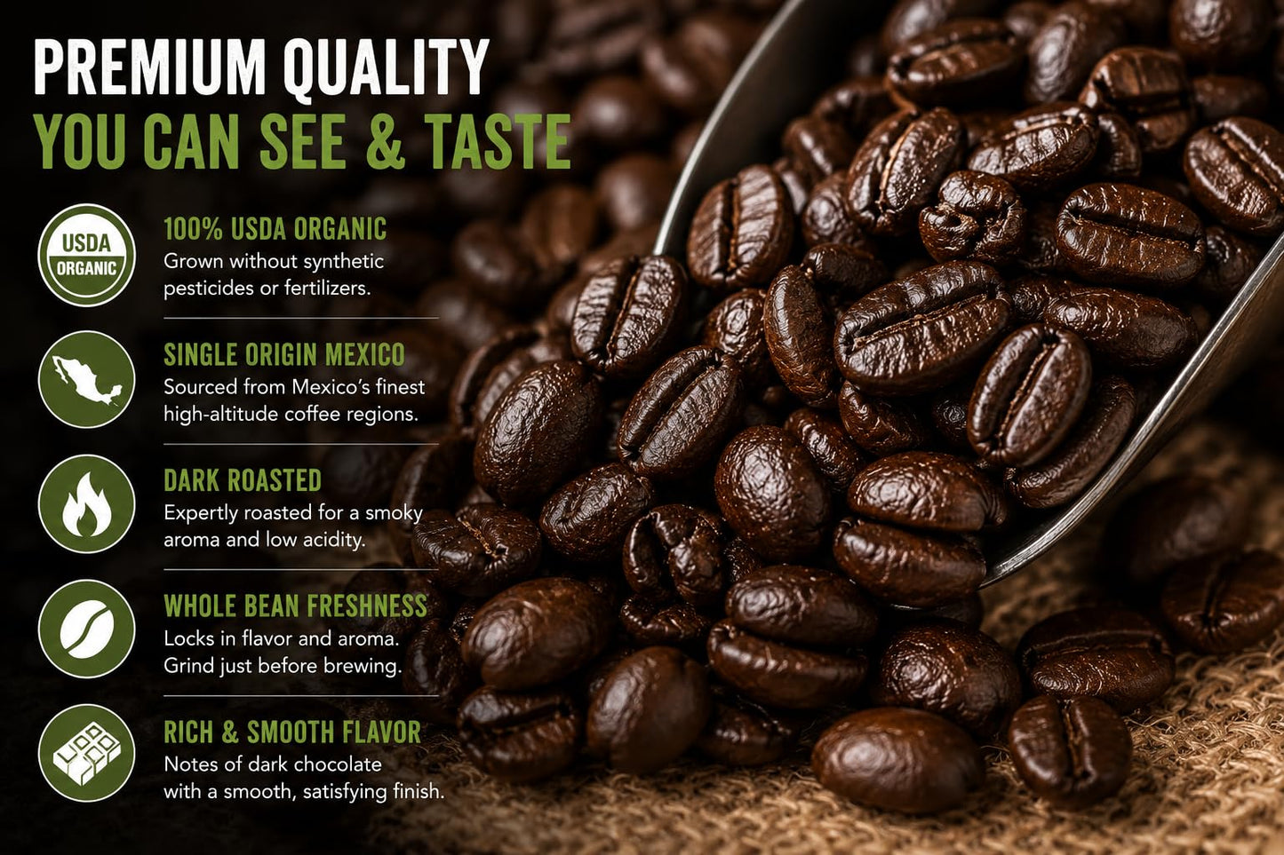 Organic Mexican Coffee Beans - Dark Roast Whole Bean Arabica - 32oz Premium Single Origin - Smoky Aroma & Dark Chocolate Notes - Gourmet Coffee