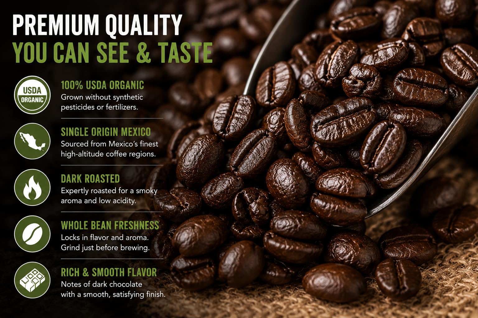 Organic Mexican Coffee Beans - Dark Roast Whole Bean Arabica - 32oz Premium Single Origin - Smoky Aroma & Dark Chocolate Notes - Gourmet Coffee