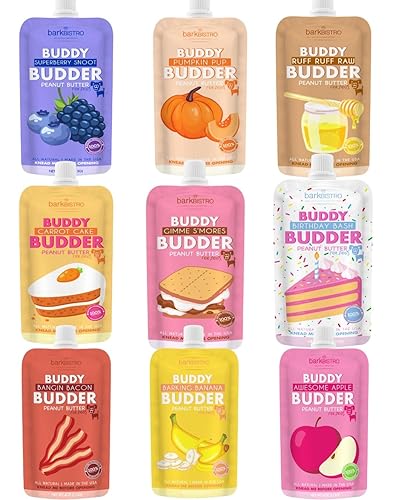 BUDDY BUDDER Dog Peanut Butter, 9 Pack Mixed Flavors, 4oz Pouches Dog Peanut Butter, Made in USA