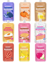 BUDDY BUDDER Dog Peanut Butter, 9 Pack Mixed Flavors, 4oz Pouches Dog Peanut Butter, Made in USA