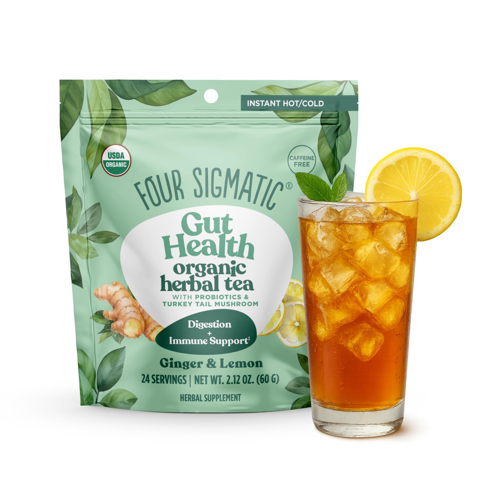 Four Sigmatic Gut Health Organic Herbal Tea | Organic Lemon Ginger Tea with Probiotics & Turkey Tail Mushroom | Instant Digestive Tea | Vegan