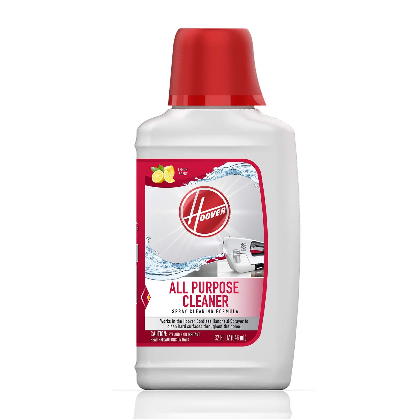 Hoover All Purpose Cleaner Solution, 32 oz., Lemon Scent, For Use on Hard Floors, Counters, Tubs and More, Formulated for Cordless Handheld Sprayer