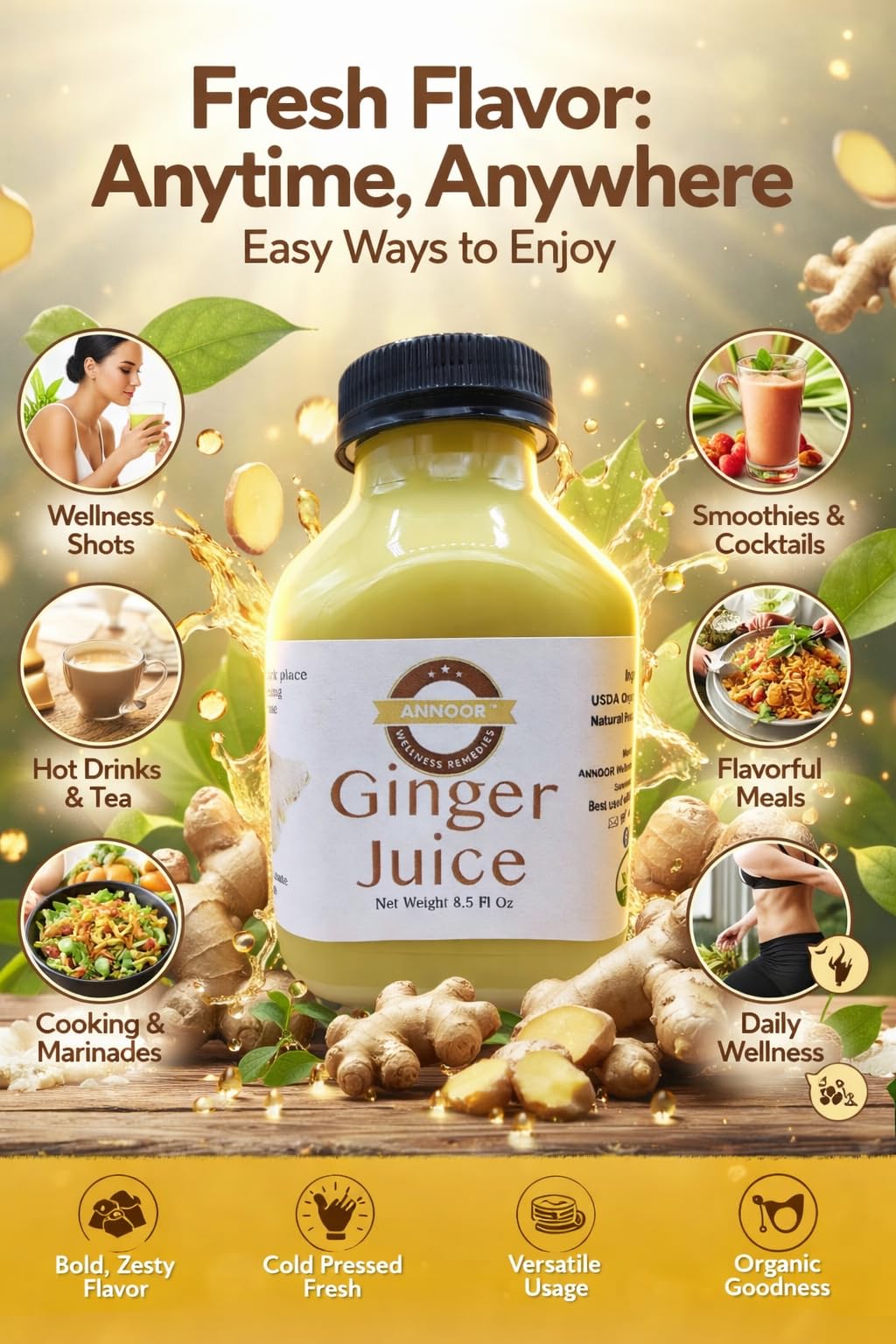 Ginger Juice by Annoor | 8.5 Fl Oz | NFC | Raw, Strong, Concentrate and No pulp. Use for Spicy, Zesty & warming kick, Soothing & refreshing ginger