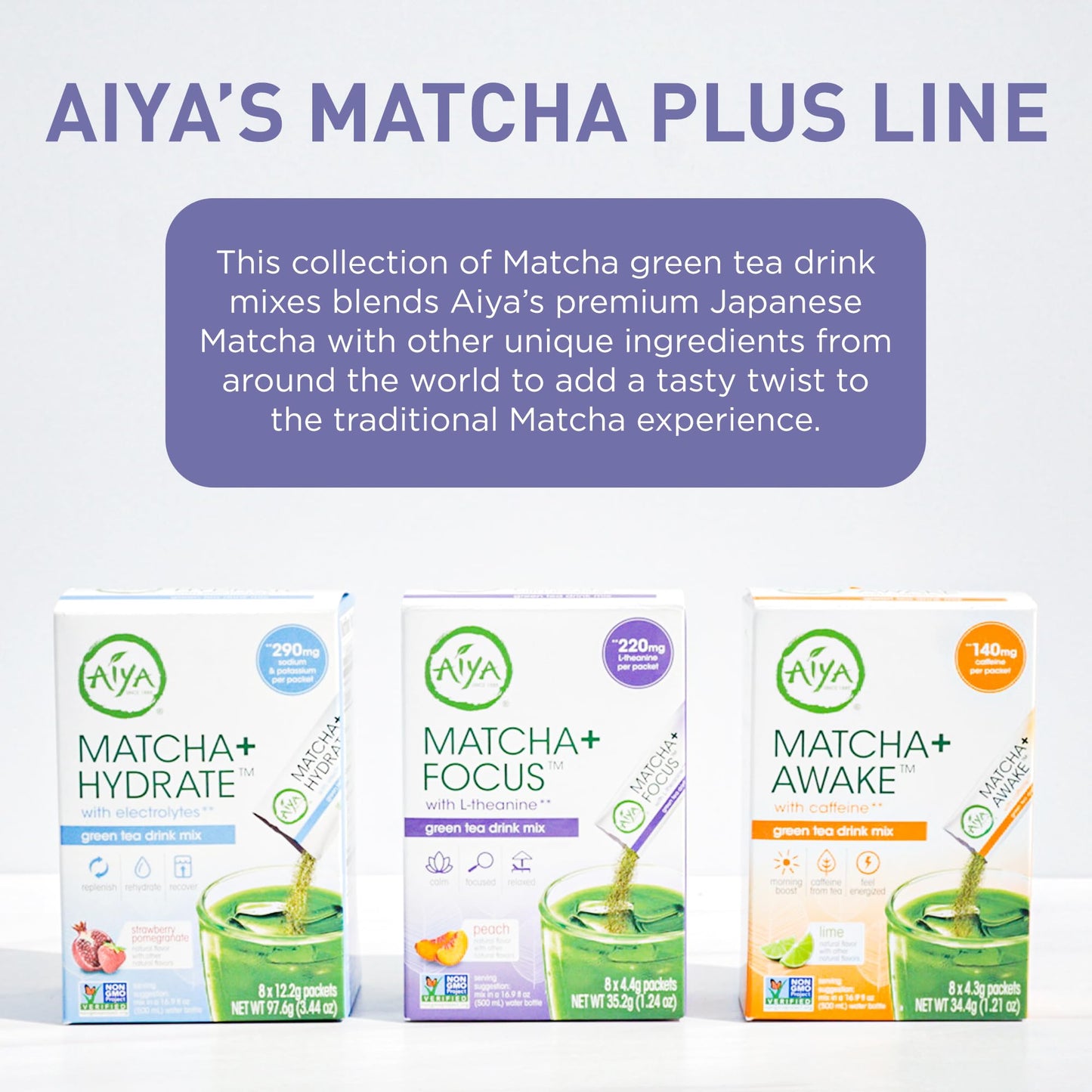 Aiya Matcha+ Focus™ - Peach Flavored Matcha Drink Mix with L-Theanine - 220mg L-Theanine - Natural Focus Booster - Premium Japanese Matcha Green Tea