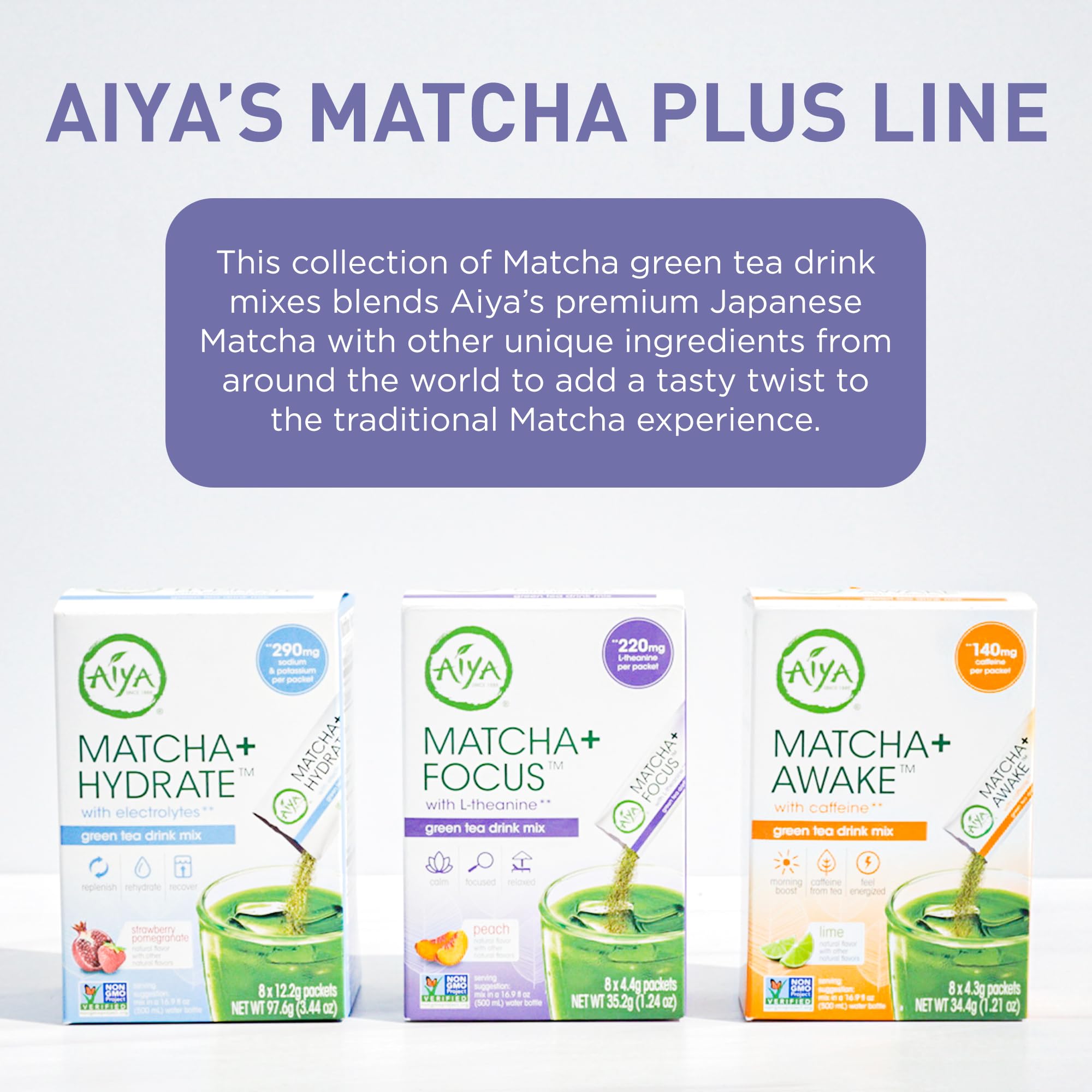 Aiya Matcha+ Focus™ - Peach Flavored Matcha Drink Mix with L-Theanine - 220mg L-Theanine - Natural Focus Booster - Premium Japanese Matcha Green Tea