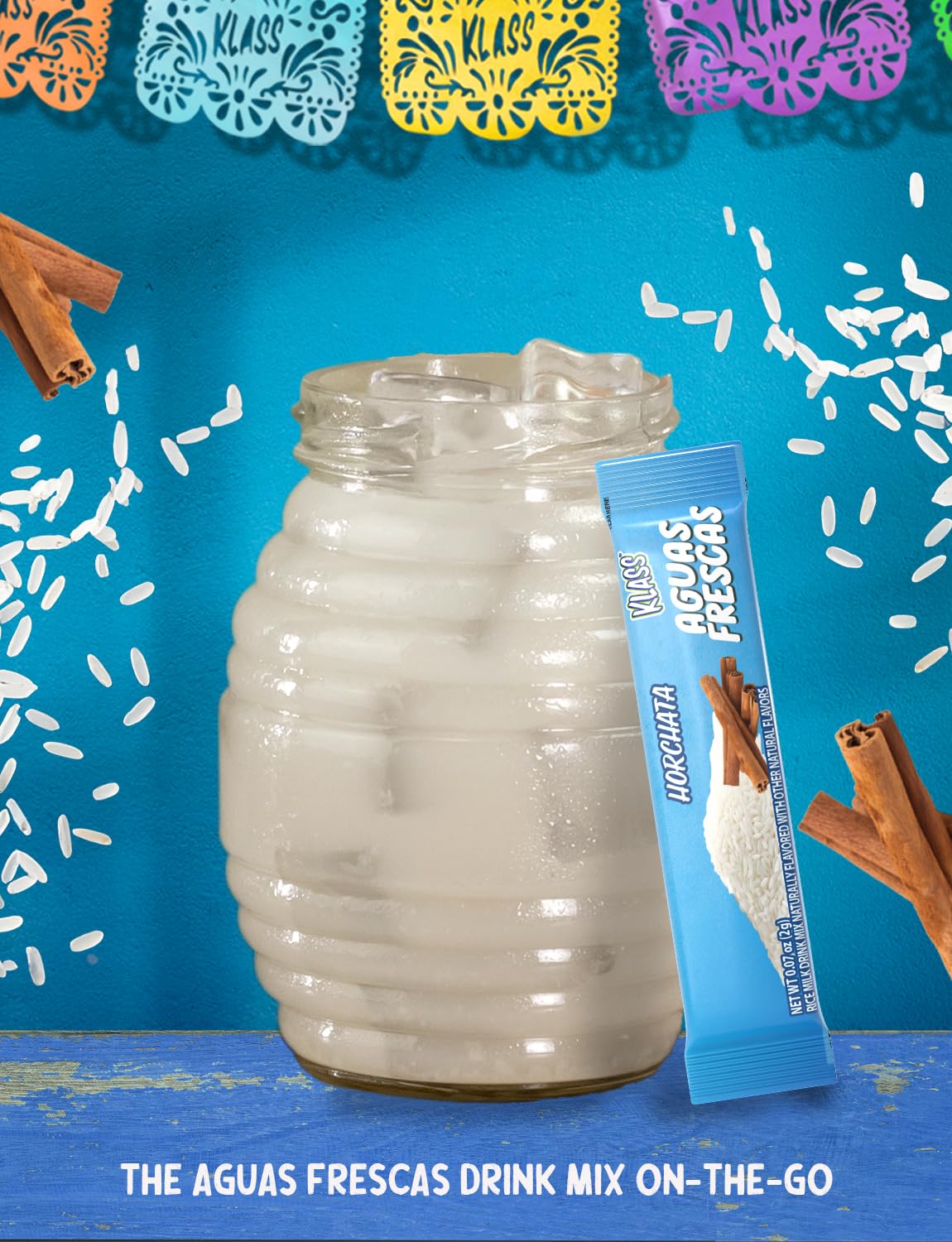 Klass Aguas Frescas, Powdered Drink Mix, 40 Singles Zero Sugar & Caffeine-Free Powder Packets, Water Drink Mix, Flavor: Horchata - 5 Calories Per