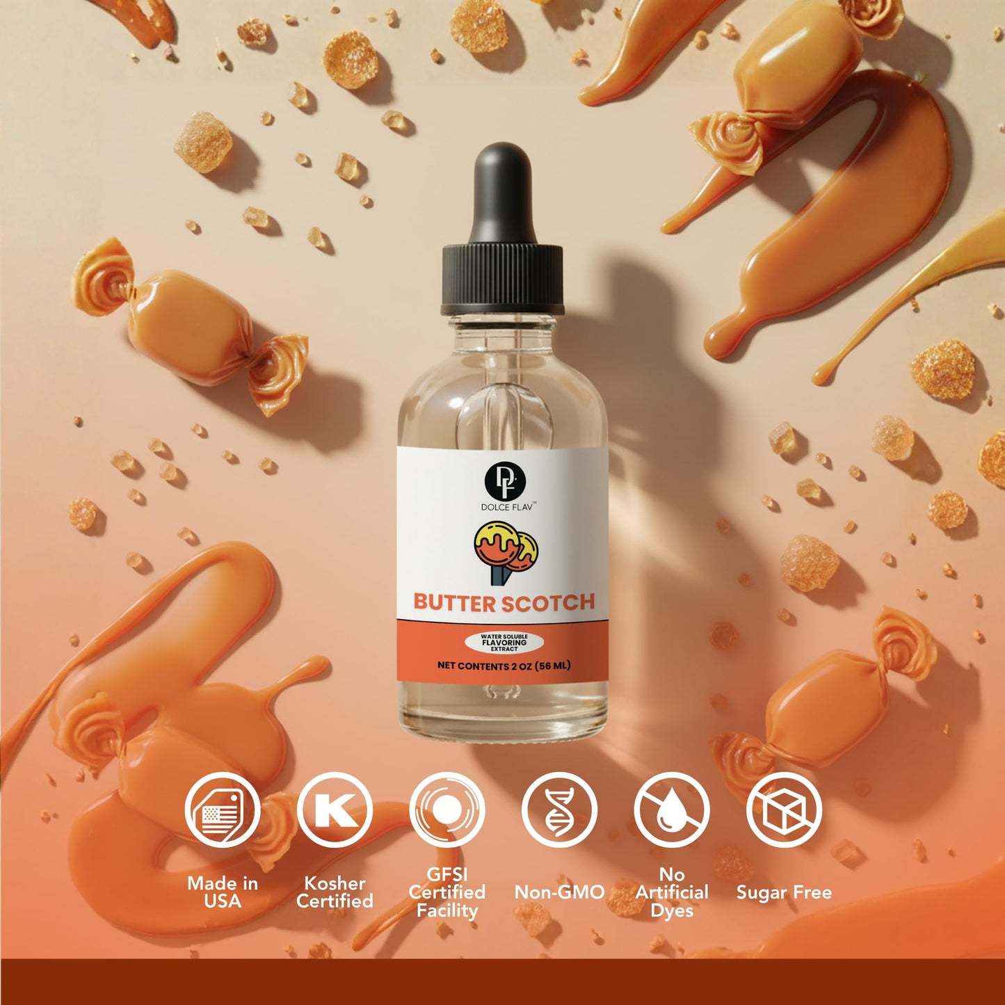 Dolce Flav Natural Butterscotch Extract 2 oz - Kosher, Sugar-Free, Concentrated Rich Butterscotch Flavoring for Baking, Beverages & Desserts, Includes